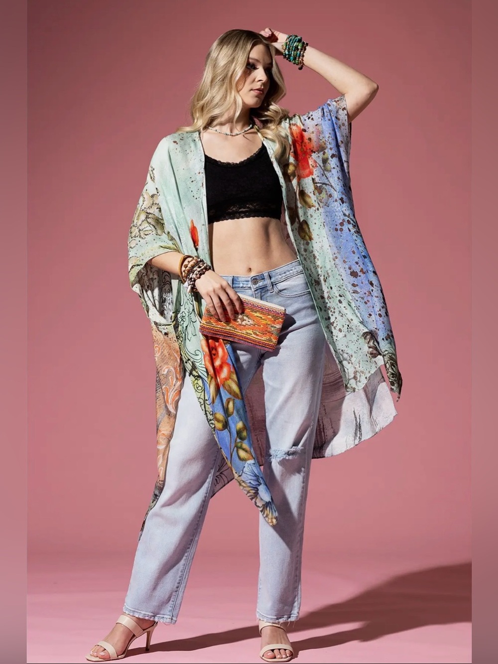 “Moonstone” Kimono | Watercolor Floral | Lightweight Boho Duster | One Size - Picture 6 of 7